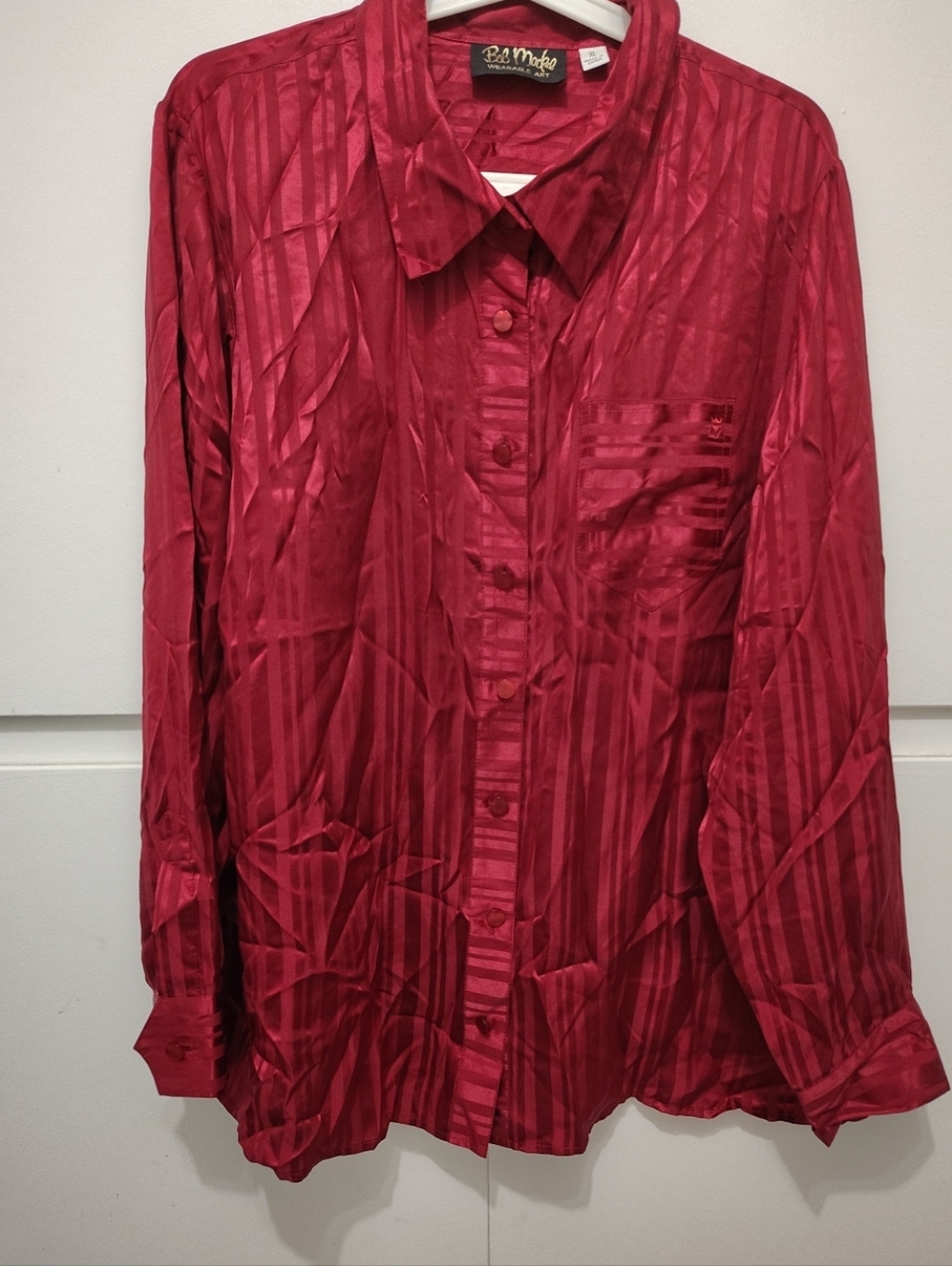 VTG Bob Mackie Wearable Art 100% Silk Blouse XL Burgundy Stripe 90s